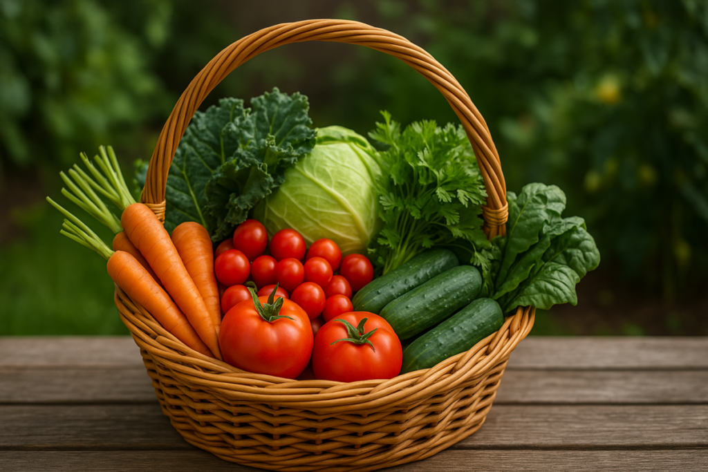 A basket overflowing with homegrown vegetables, symbolizing abundance and savings