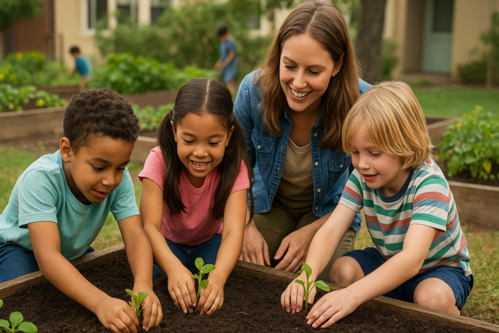 Children enthusiastically planting seedlings in a school garden, guided by a teacher