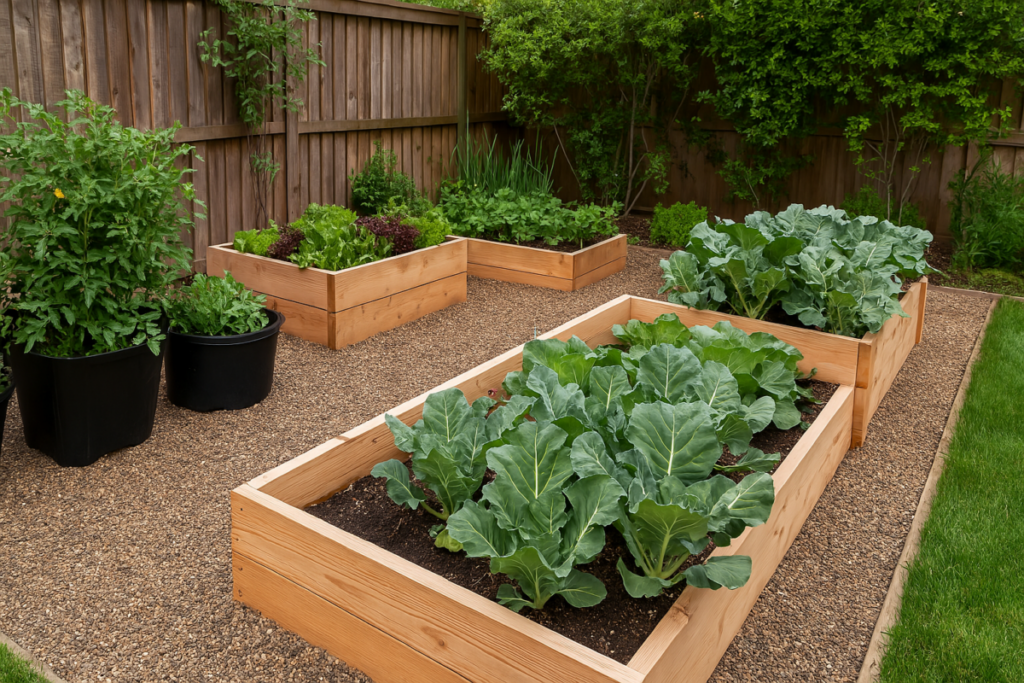 Examples of raised beds and container gardens in a small backyard setting