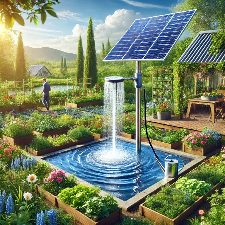 A beautiful backyard garden with a solar-powered water pump in action