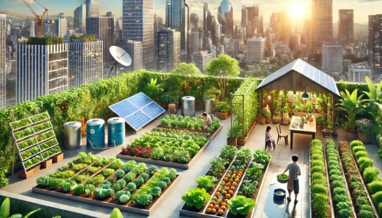 Urban garden with city skyline