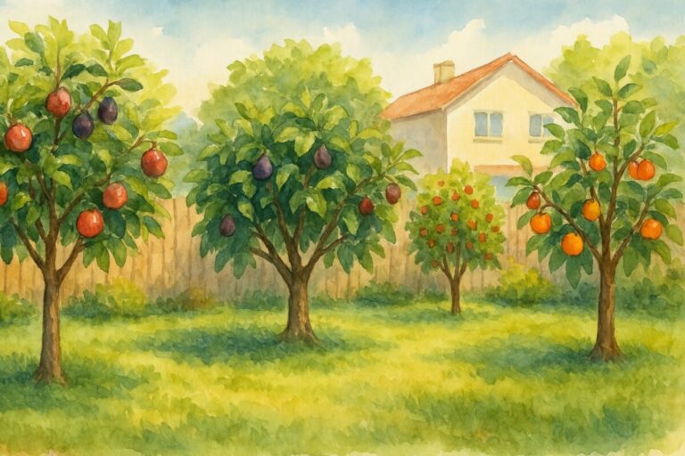 Watercolor of backyard fruit trees
