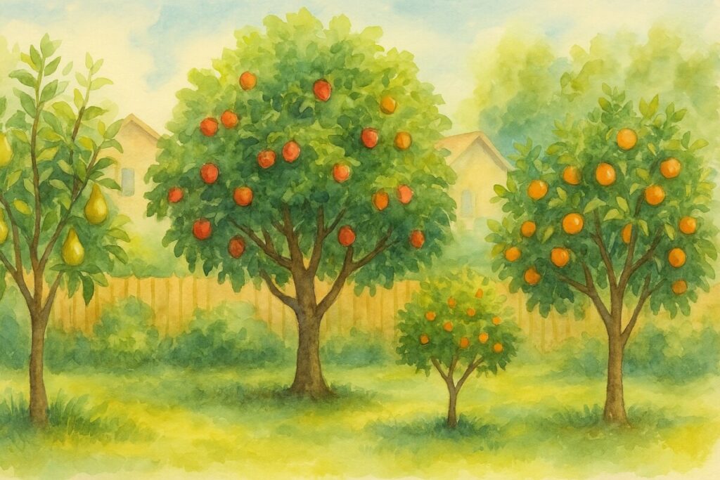 Watercolor of backyard fruit trees