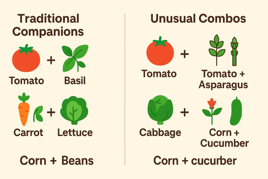 Split graphic comparing traditional plant pairings like tomato and basil versus unusual combos like tomato and asparagus.