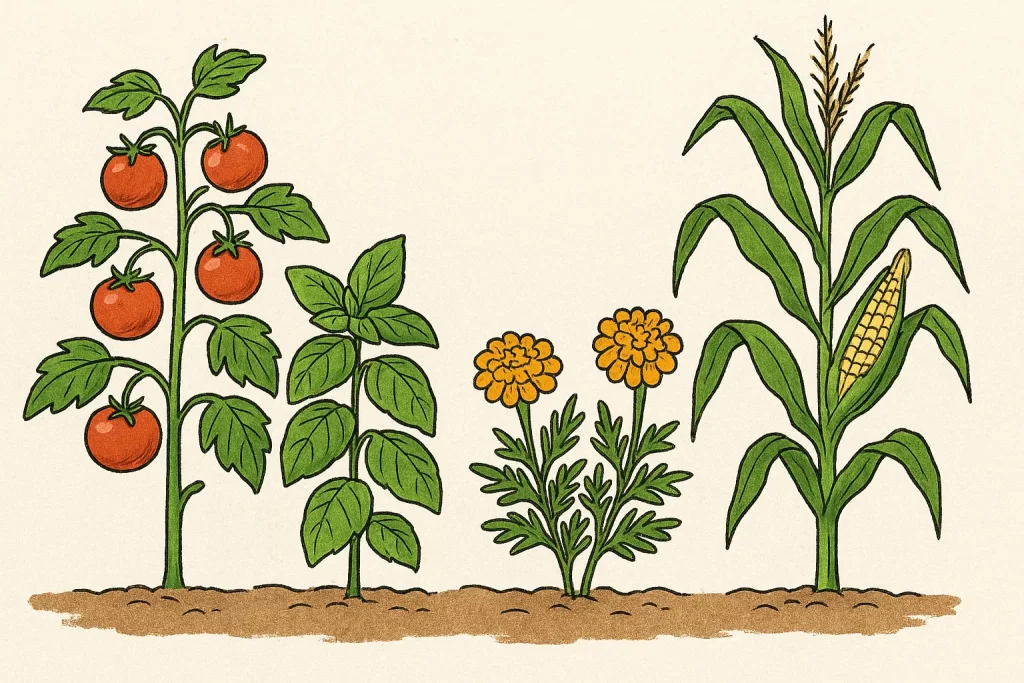 Illustration showing different garden plants growing side-by-side, including tomatoes, basil, marigolds, and corn.