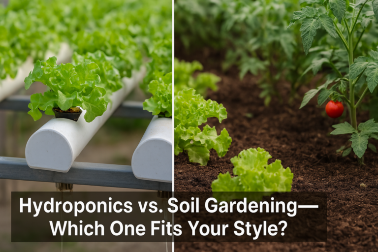A side-by-side comparison photo of a hydroponic setup and a traditional soil garden.