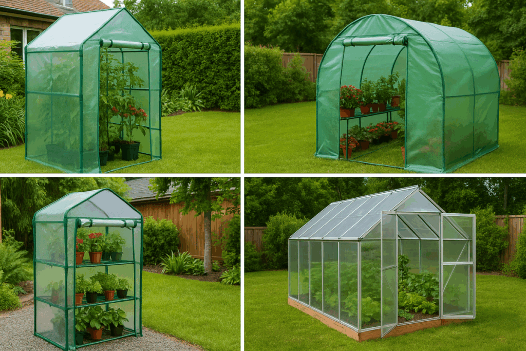 Collage of affordable backyard greenhouse kits, including walk-in tunnels, small portable greenhouses, and raised-bed covers in various garden settings