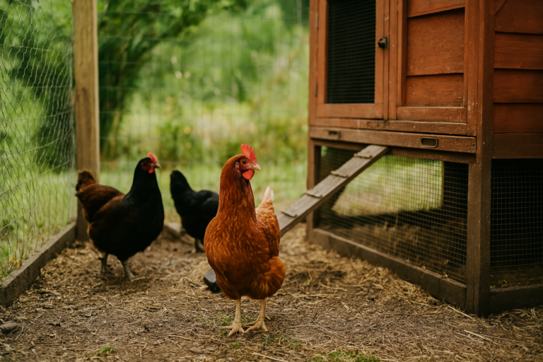 Chickens next to coop