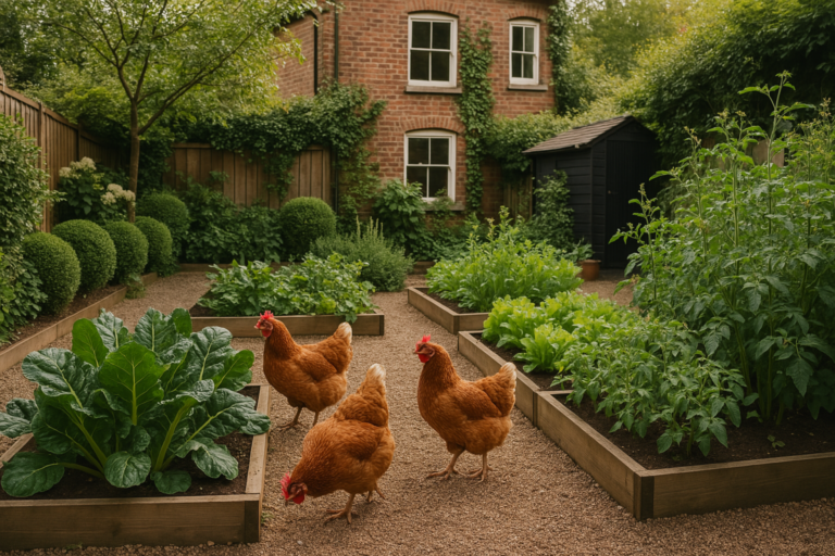 A cozy urban garden with a few chickens pecking around neatly arranged vegetable beds. The plants look untouched, showcasing harmonious coexistence.