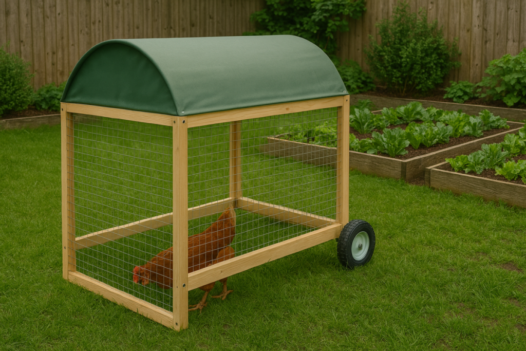 A lightweight, mobile chicken tractor with wheels, set over a grassy area next to raised garden beds.