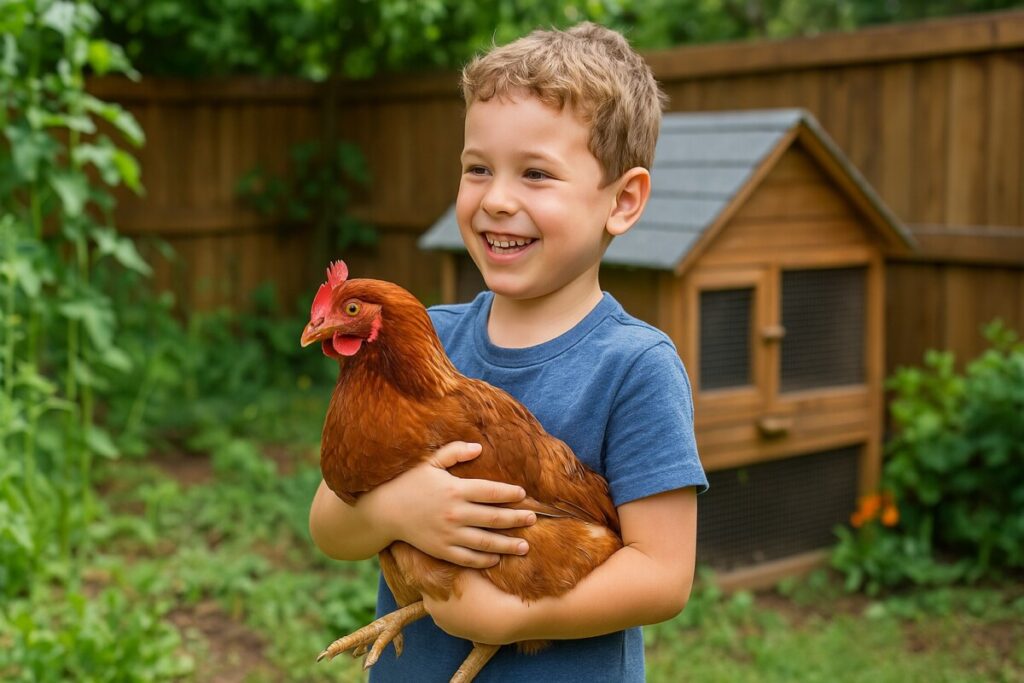 A child holding a chicken