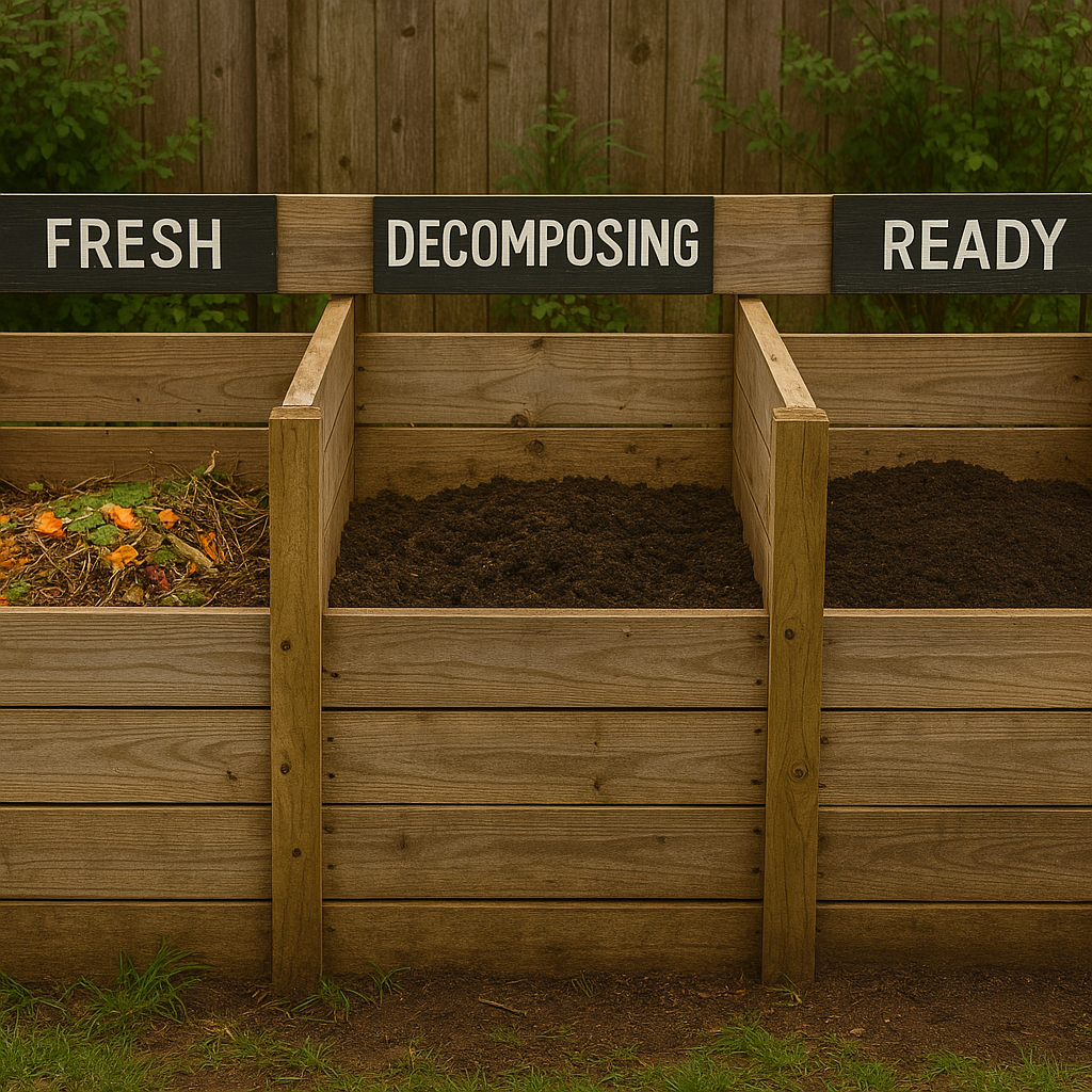A three-bin composting system with labeled sections for fresh waste, decomposing compost, and finished, ready-to-use soil.