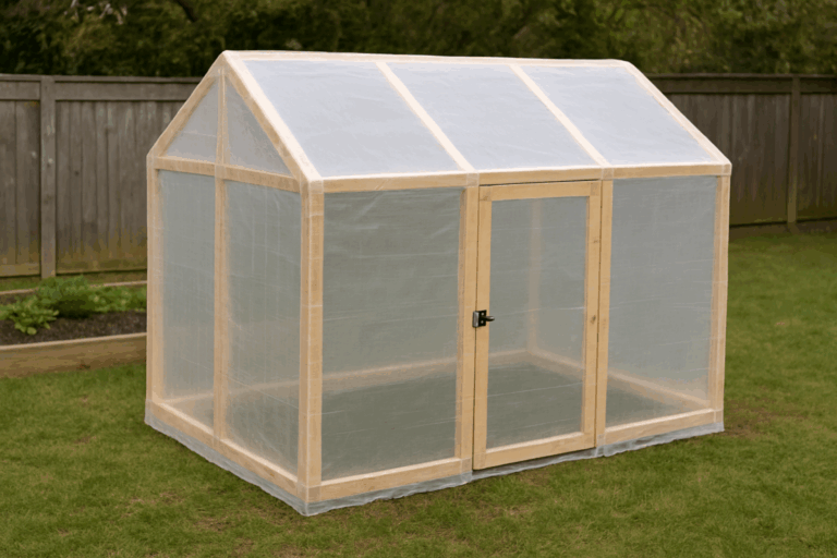 Homemade backyard greenhouse built from wooden beams and clear plastic sheeting, placed on a grassy lawn with a raised bed and wooden fence in the background