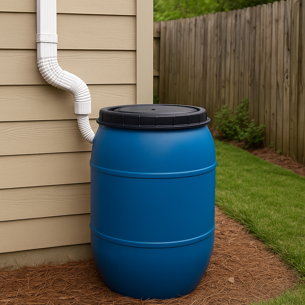 DIY rain barrel setup in a backyard, with a blue plastic barrel connected to a white downspout beside a beige house and wooden privacy fence