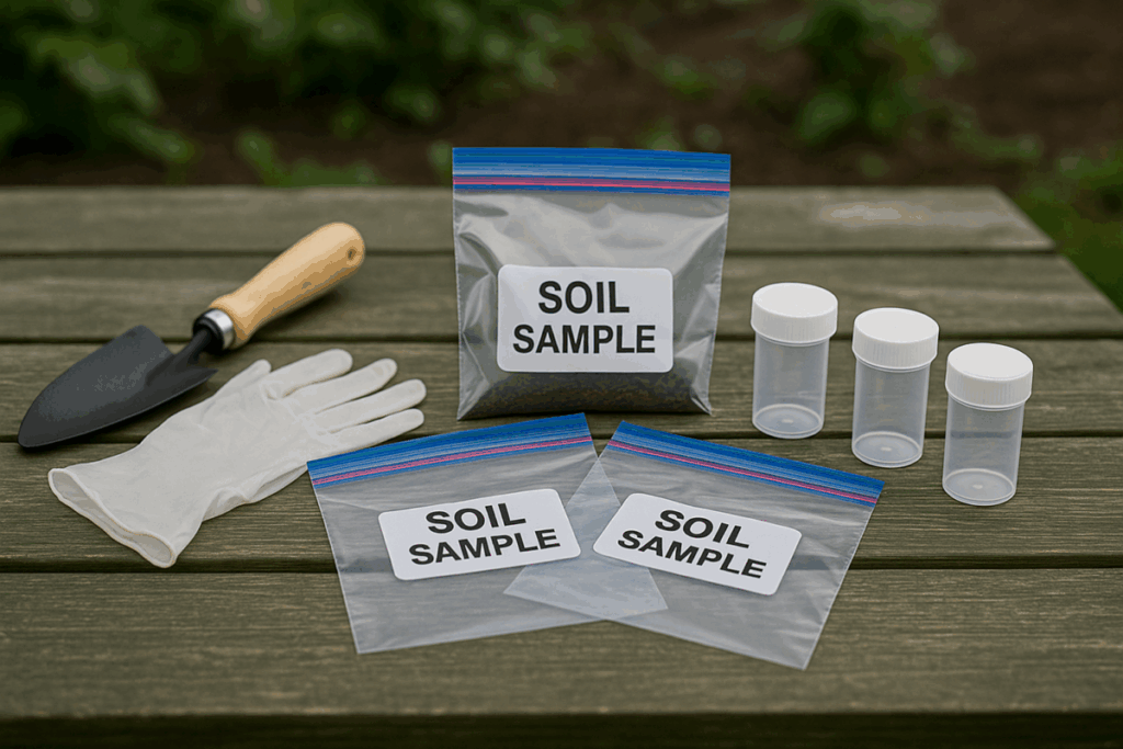 DIY soil testing kit for garden soil, including sample bags, gloves, shovel, and test containers displayed on a table