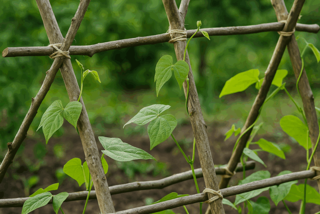 A handmade trellis made from scrap sticks and twine supporting bean plants