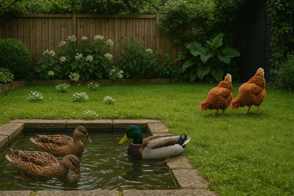 A small backyard garden with a few ducks dabbling in a shallow water feature, while chickens forage in the adjacent patch of grass.