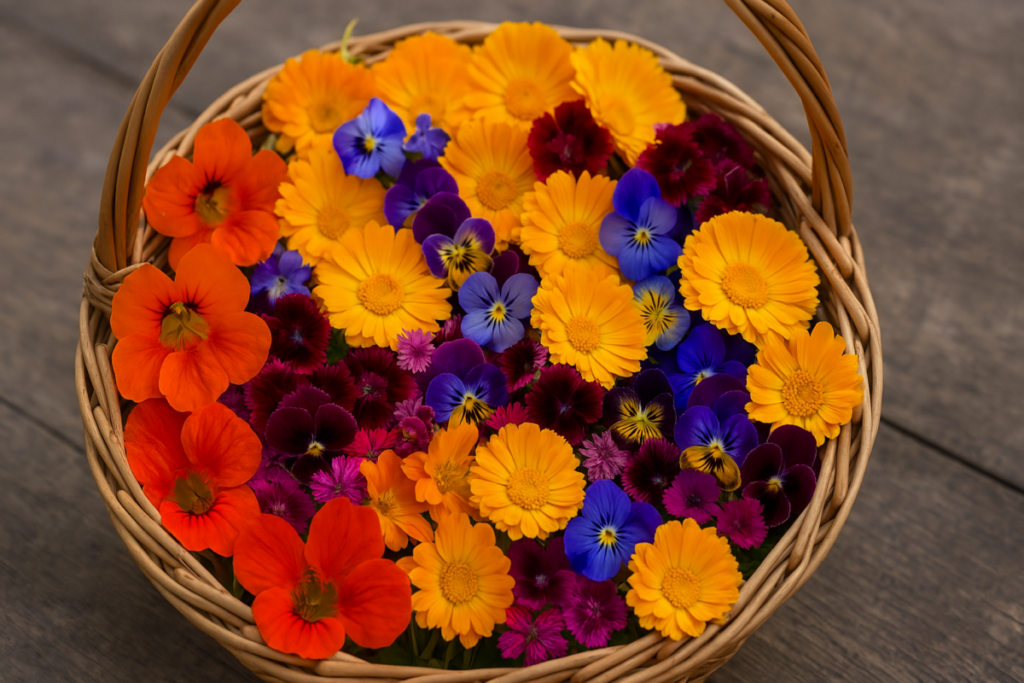 Vibrant edible flowers in a basket