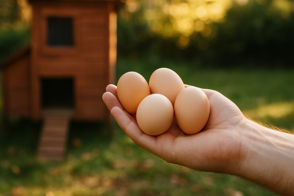 Close-up of a hand holding fresh eggs with a coop in the background, morning light casting a warm glow