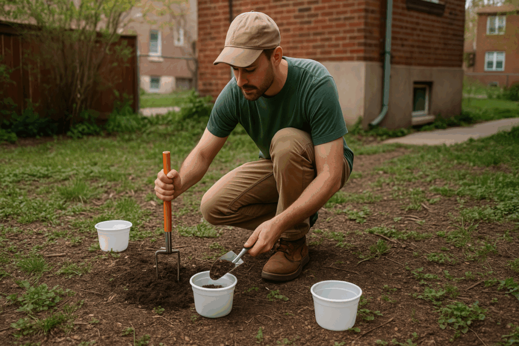 Urban gardener collecting multiple soil samples for lead and heavy metal testing in a backyard garden