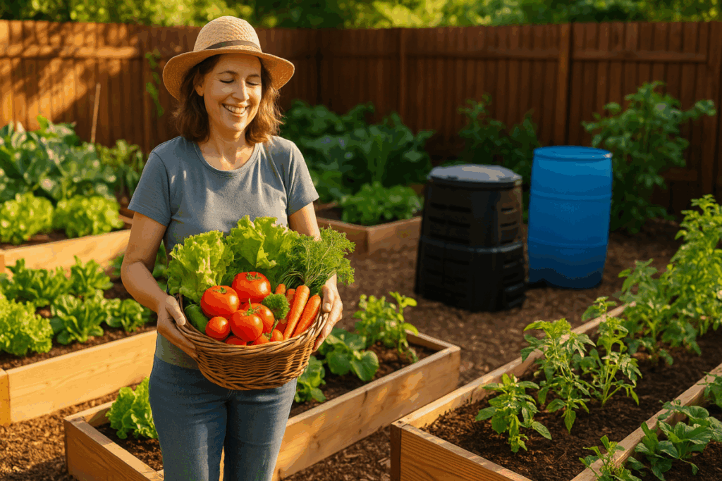 Gardener holding a basket of fresh vegetables including tomatoes, lettuce, carrots, and dill, standing beside raised beds with a compost bin and rain barrel in the background
