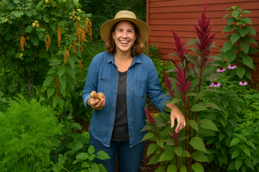Gardener enjoying diverse, thriving backyard crops