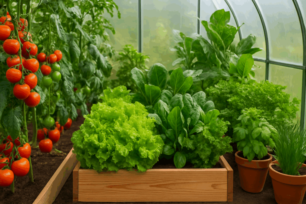 Inside view of productive backyard greenhouse growing vegetables and herbs