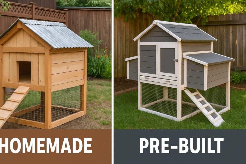 Split-screen showing a homemade wooden coop on one side and a polished pre-built model on the other