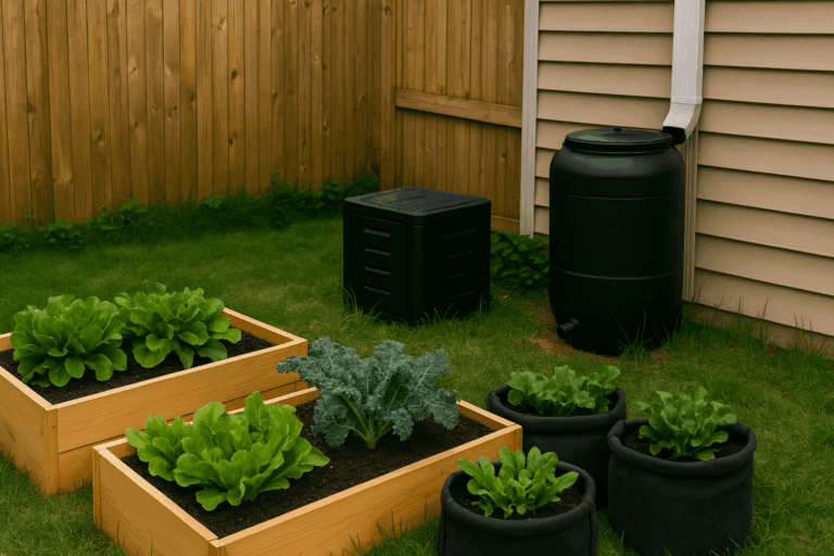A compact backyard setup showing raised garden beds, a compost tumbler, and rainwater barrel