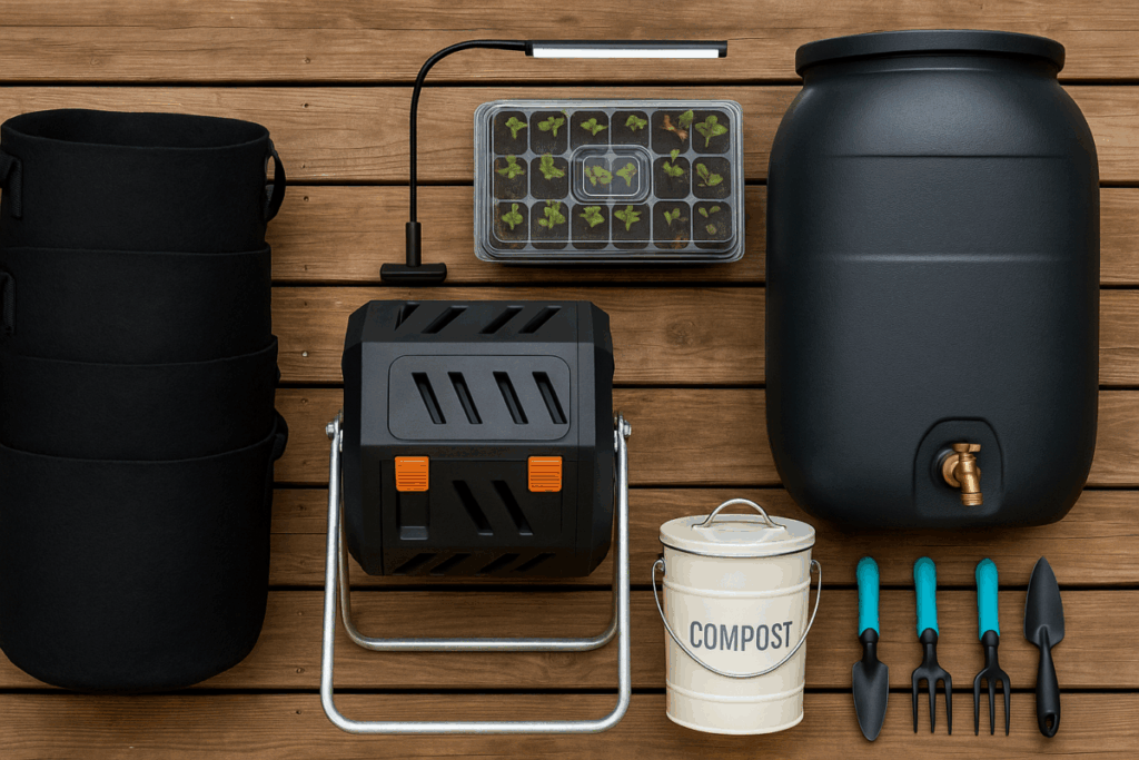A photo of gardening tools, grow bags, seed trays, and a compost bin arranged neatly