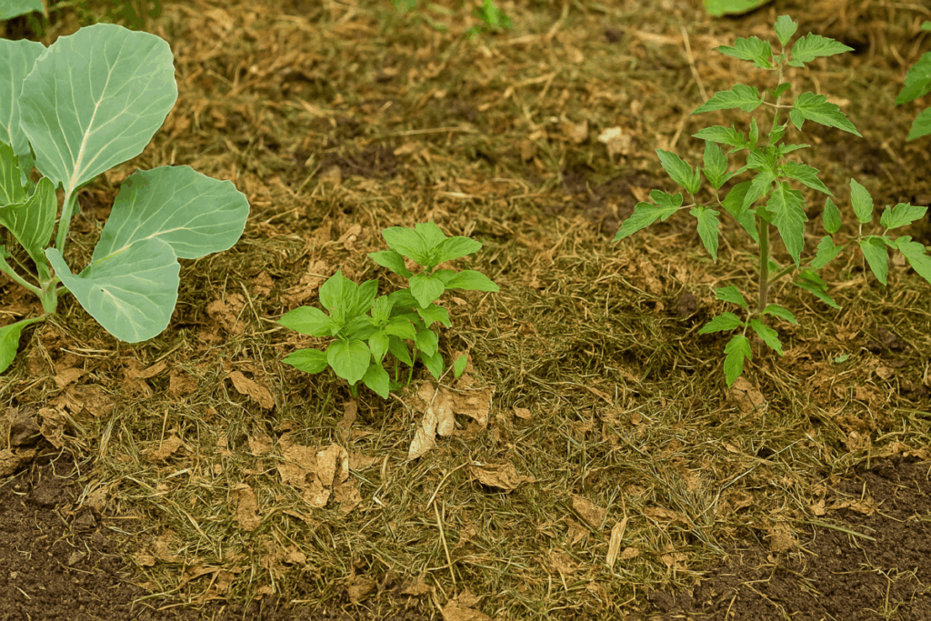 Close-up view of vegetable plants including cabbage, basil, and tomato growing in a garden bed mulched with dried leaves and grass clippings