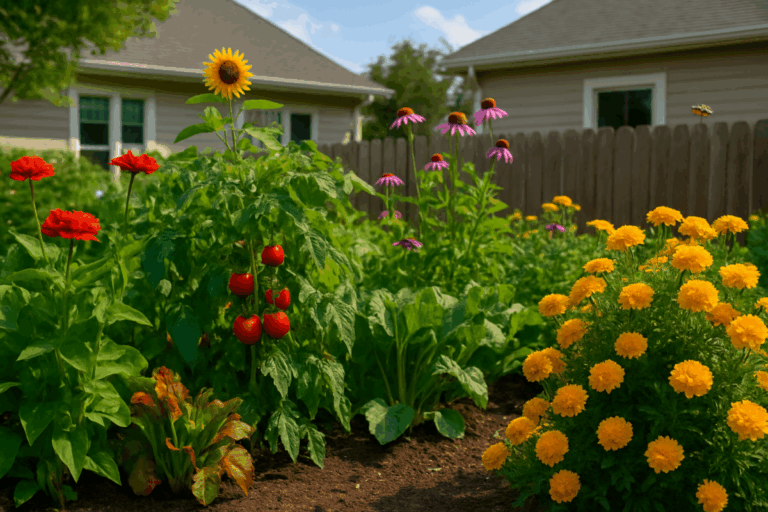 Colorful suburban backyard garden mixing vegetables and flowers, with bees pollinating plants on a sunny day.