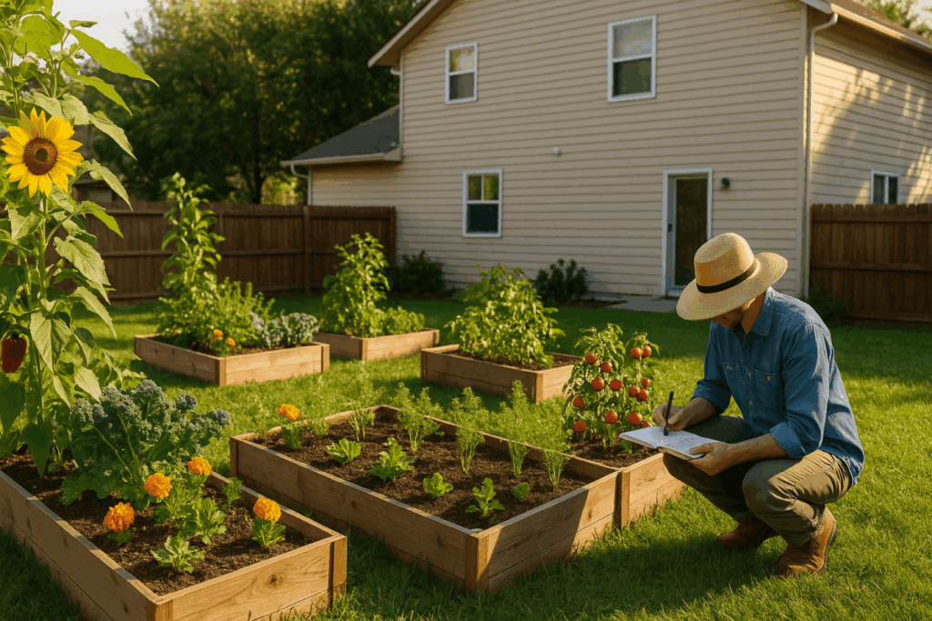 Gardener kneeling by a small raised bed, writing notes in a garden journal while observing newly planted crops.