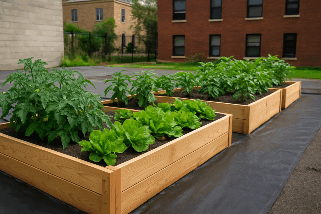 Raised vegetable garden beds built on top of asphalt with a barrier underneath to prevent contact with contaminated soil