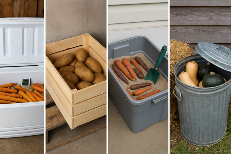 Multiple DIY root storage options—coolers, crates, and straw bins