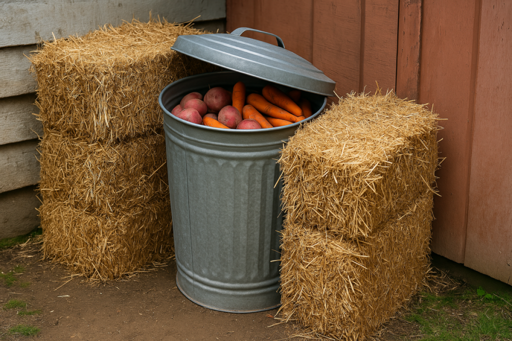 A trash can tucked beside a shed, surrounded by straw bales, with a lid slightly ajar showing root vegetables inside