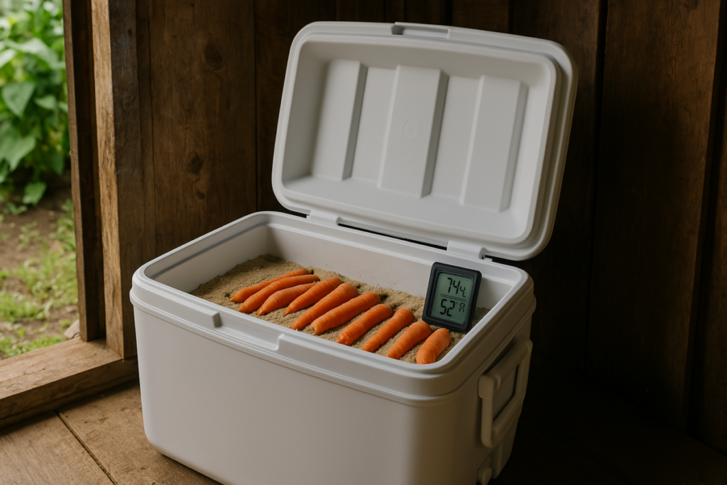 A large white cooler sitting in a garden shed with its lid open, showing layers of carrots in damp sand and a digital hygrometer inside