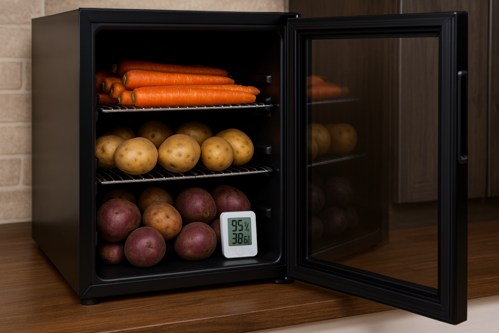 A countertop beverage cooler with the door open, showing neatly stacked root vegetables and a small hygrometer inside
