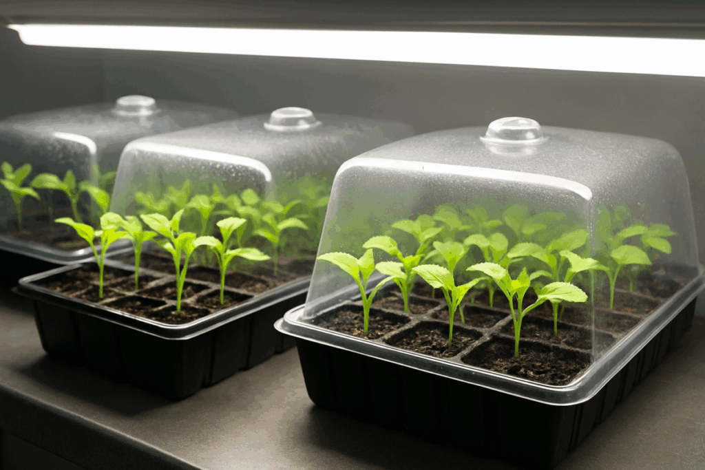 A row of vegetable seedlings sprouting indoors under a full-spectrum grow light