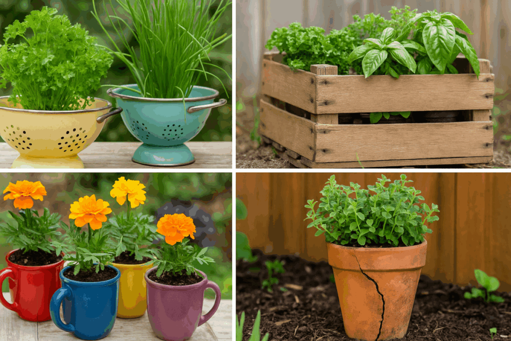 Collage of upcycled garden containers including colorful colanders with herbs, a wooden crate with basil and lettuce, ceramic mugs holding marigolds, and a cracked terracotta pot growing oregano