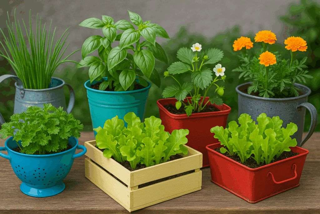 Creative DIY garden planters made from crates, colanders, and recycled containers