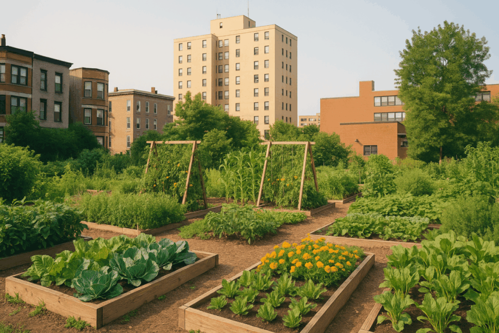 Urban community garden with thriving vegetable beds surrounded by city buildings, showcasing safe gardening in cities