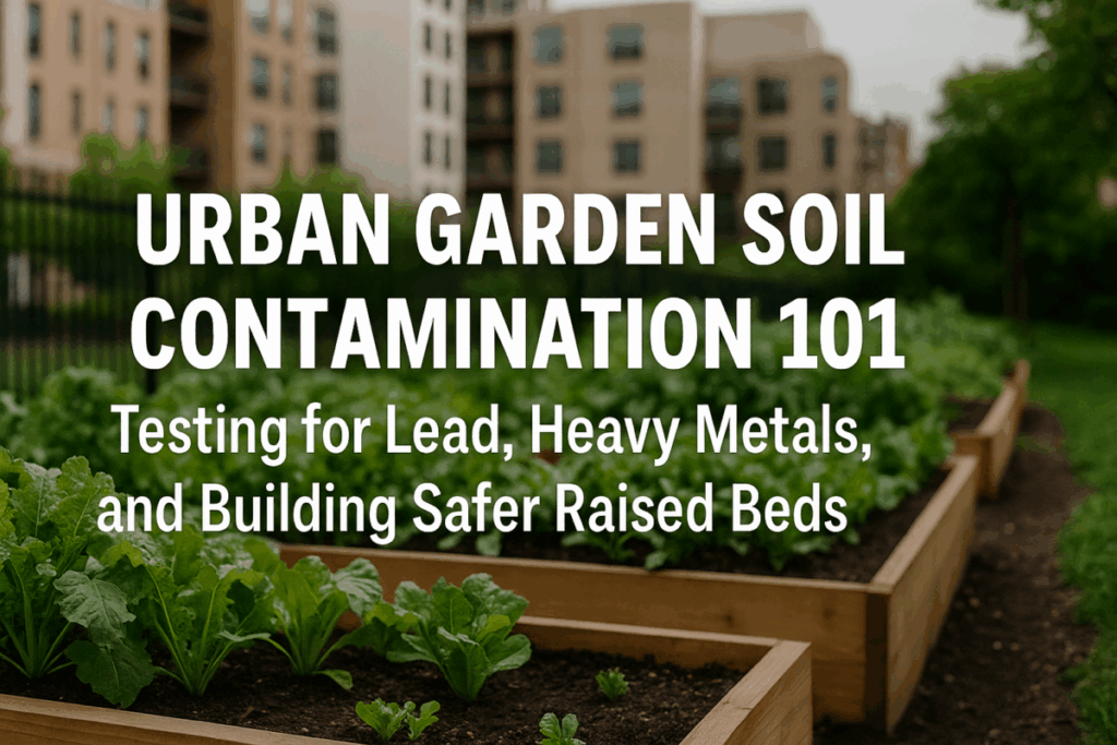 Urban Garden Soil Contamination 101 guide title displayed over a background of a thriving urban community garden surrounded by city buildings.
