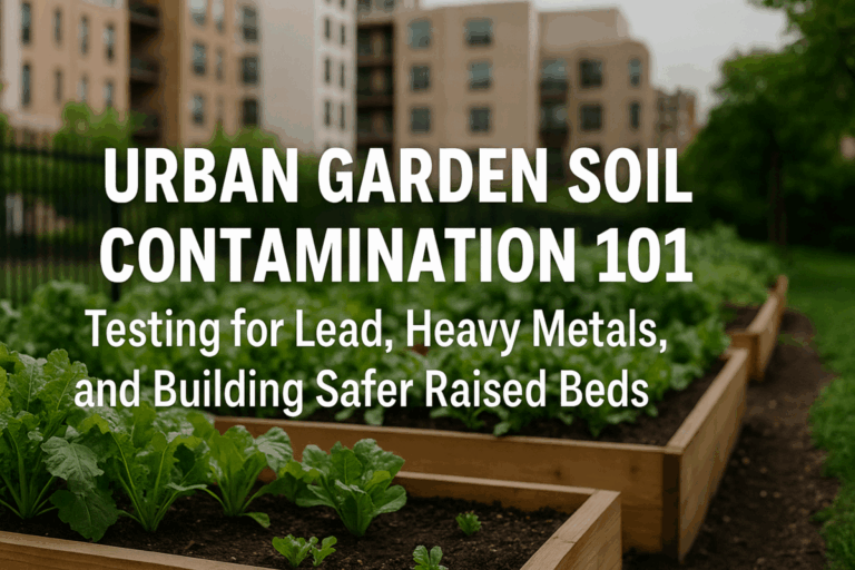 Urban Garden Soil Contamination 101 guide title displayed over a background of a thriving urban community garden surrounded by city buildings.
