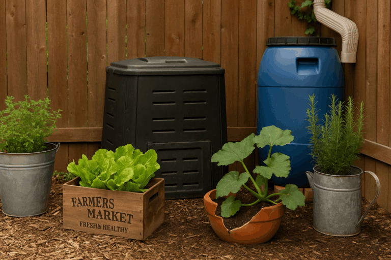 Urban garden with compost bin, rain barrel, and upcycled planters growing herbs and vegetables against a wooden fence
