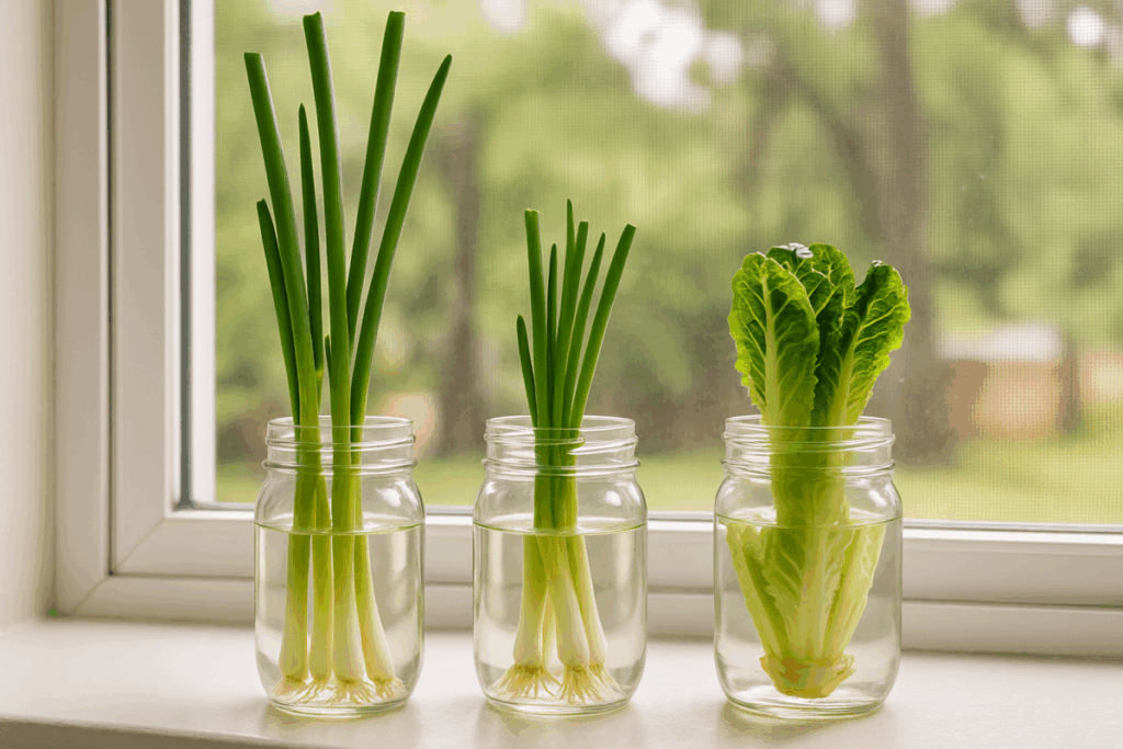 Regrowing kitchen scraps in water jars for zero-waste food production