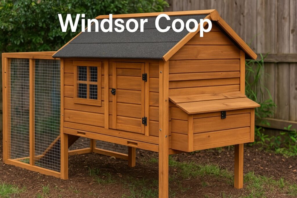 Close-up of the Windsor Coop showing its elevated structure and classic wood frame design.