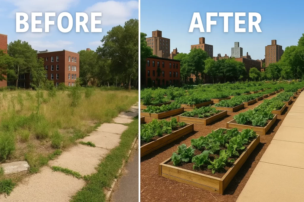 Before-and-after comparison of a neglected lot turned into a productive community garden with raised vegetable beds