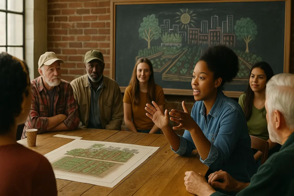 Local residents engaged in a planning meeting for an urban farming project, with a city garden plan on the table and a chalkboard mural behind them
