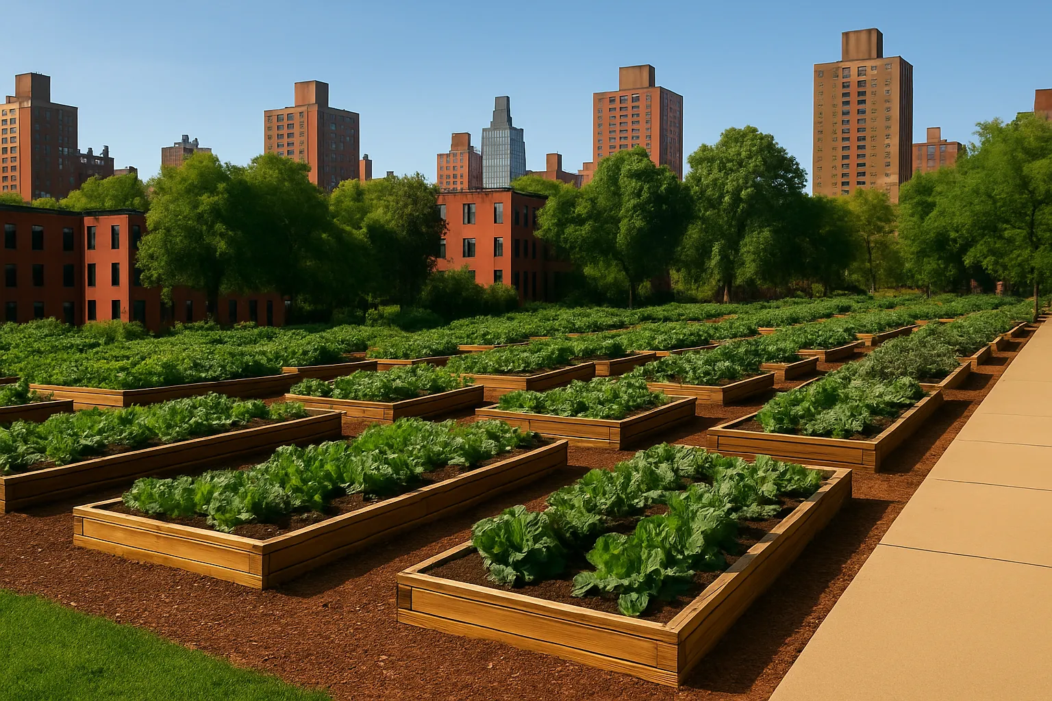 Raised vegetable garden beds in a city park with apartment buildings and skyscrapers in the background